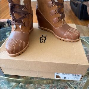 UGG Brown Wedge Lace-Up Ankle Boots with Shearling Trim